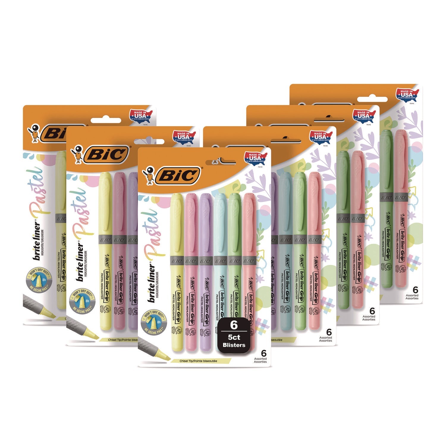 BIC Brite Liner Grip Pocket Highlighter, Assorted Ink Colors, Chisel Tip, Assorted Barrel Colors, 6/Set, 6 Sets/Pack (BICGBLD36EAST) Pack of 36
