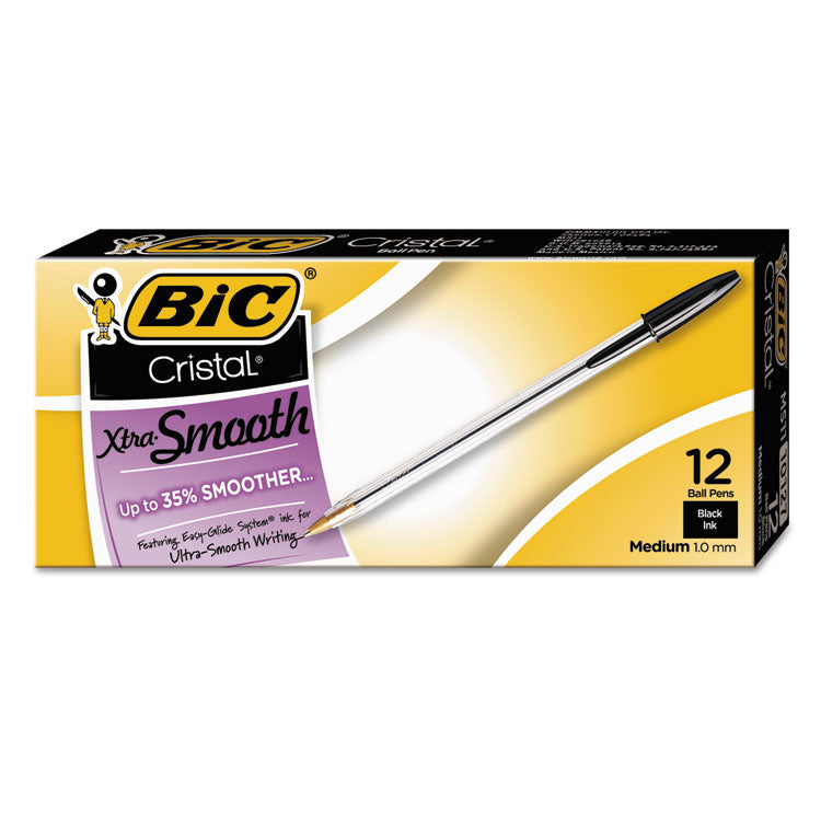 BIC Cristal Xtra Smooth Ballpoint Pen, Stick, Medium 1 mm, Black Ink, Clear Barrel, Dozen (BICMS11BK) 1 Dozen