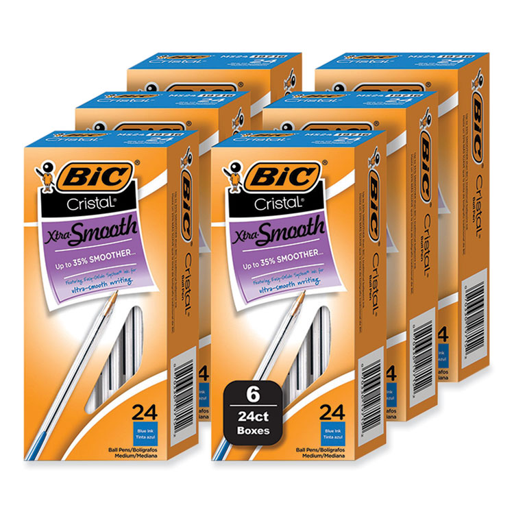 BIC Cristal Xtra Smooth Ballpoint Pen, Stick, Medium 1 mm, Blue Ink, Clear Barrel, 24/Box, 6 Boxes/Pack (BICMS144EBLU) Pack of 144