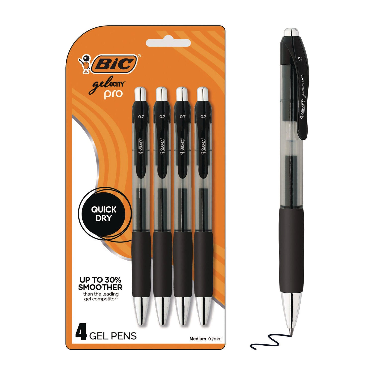BIC Gel-ocity Pro Gel Pen, Retractable, Medium 0.7 mm, Black Ink, Translucent Black/Black Barrel, 4/Pack (BICRPGLP4BLK) Pack of 4