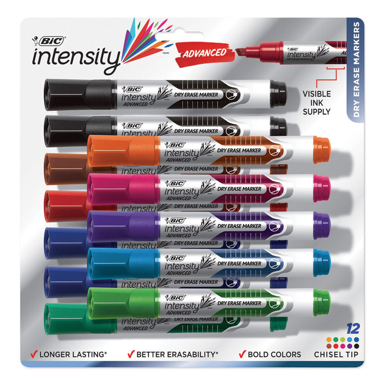 BIC Intensity Advanced Dry Erase Marker, Tank-Style, Broad Chisel Tip, Assorted Colors, Dozen (BICGELITP121AST) Pack of 12
