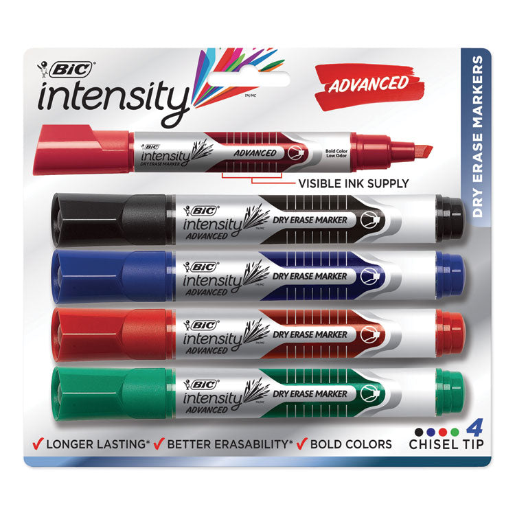 BIC Intensity Tank-Style Advanced Dry Erase Marker, Broad Bullet Tip, Assorted, 4/Pack (BICGELITP41AST) Set of 4