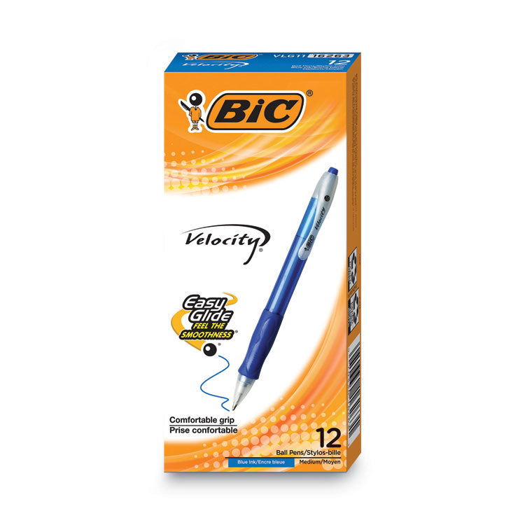 BIC Velocity Easy Glide Ballpoint Pen, Retractable, Medium 1 mm, Blue Ink, Translucent Blue Barrel, Dozen (BICVLG11BE) Box of 12