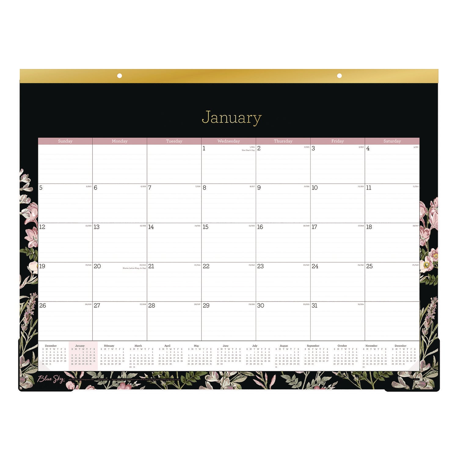 Blue Sky Neveah Monthly Desk Pad Calendar, Floral Artwork, 22" x 17", White/Black/Pink Sheets, Gold Headband, 12-Month (Jan-Dec): 2026 (BLS148629) Each