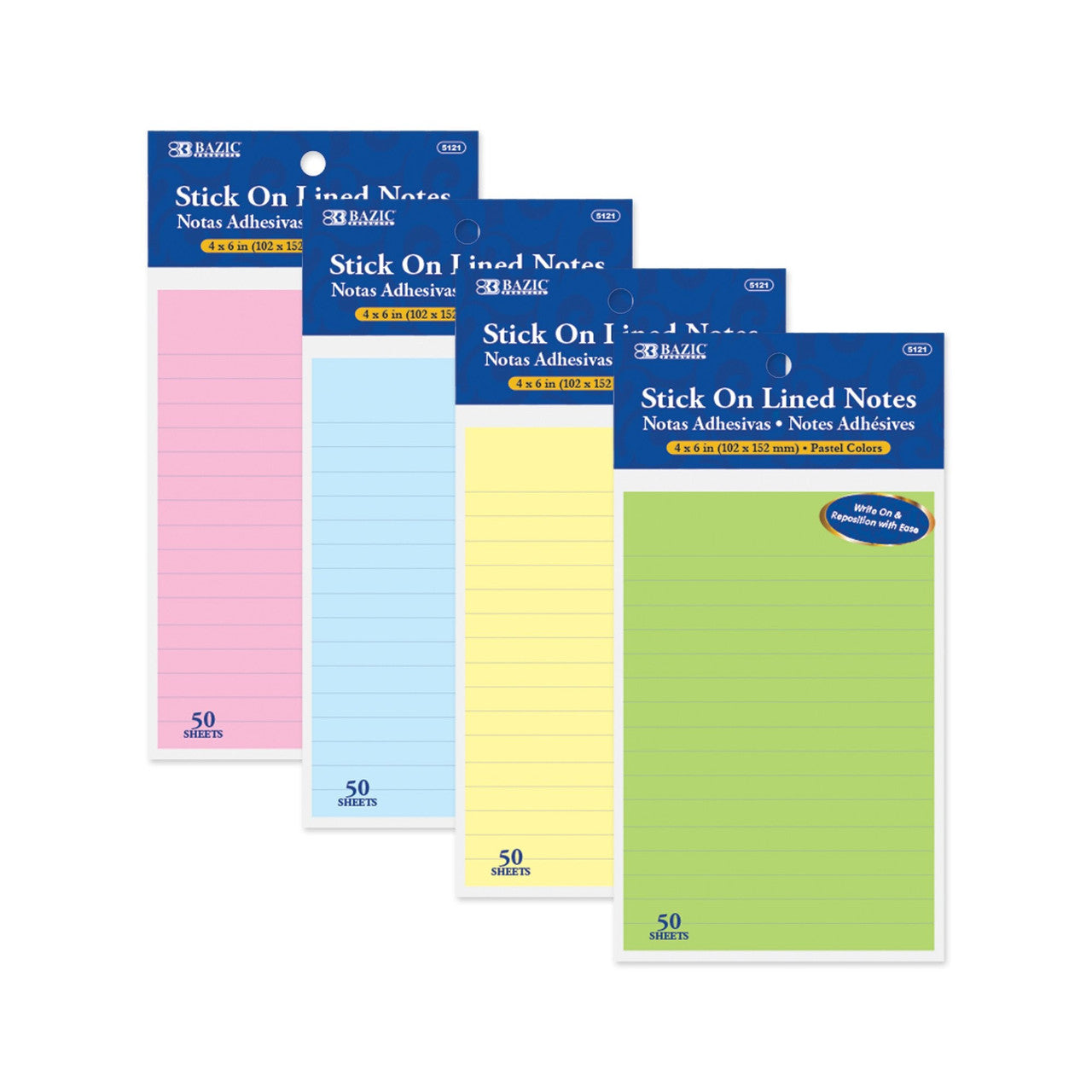 LINED STICK ON NOTES 4" X 6" ASSORTED 50 SHEET