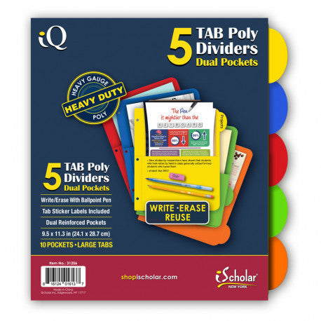 PLASTIC INDEX DIVIDERS 5 BIG TAB W/POCKET
