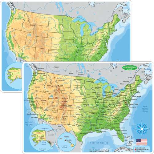 Ashley Smart Poly Learning Mat 12"x17", Double-Sided, US Map Physical ( ASH95001)