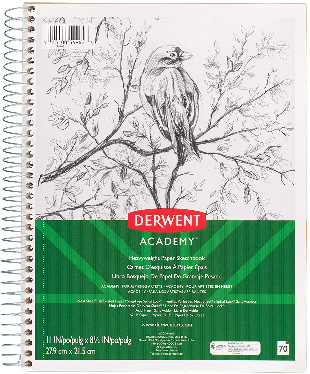 Derwent Academy Heavyweight Paper Sketchbook, Wirebound, 70 Sheets, 11" x 8-1/2" (DER 54011)