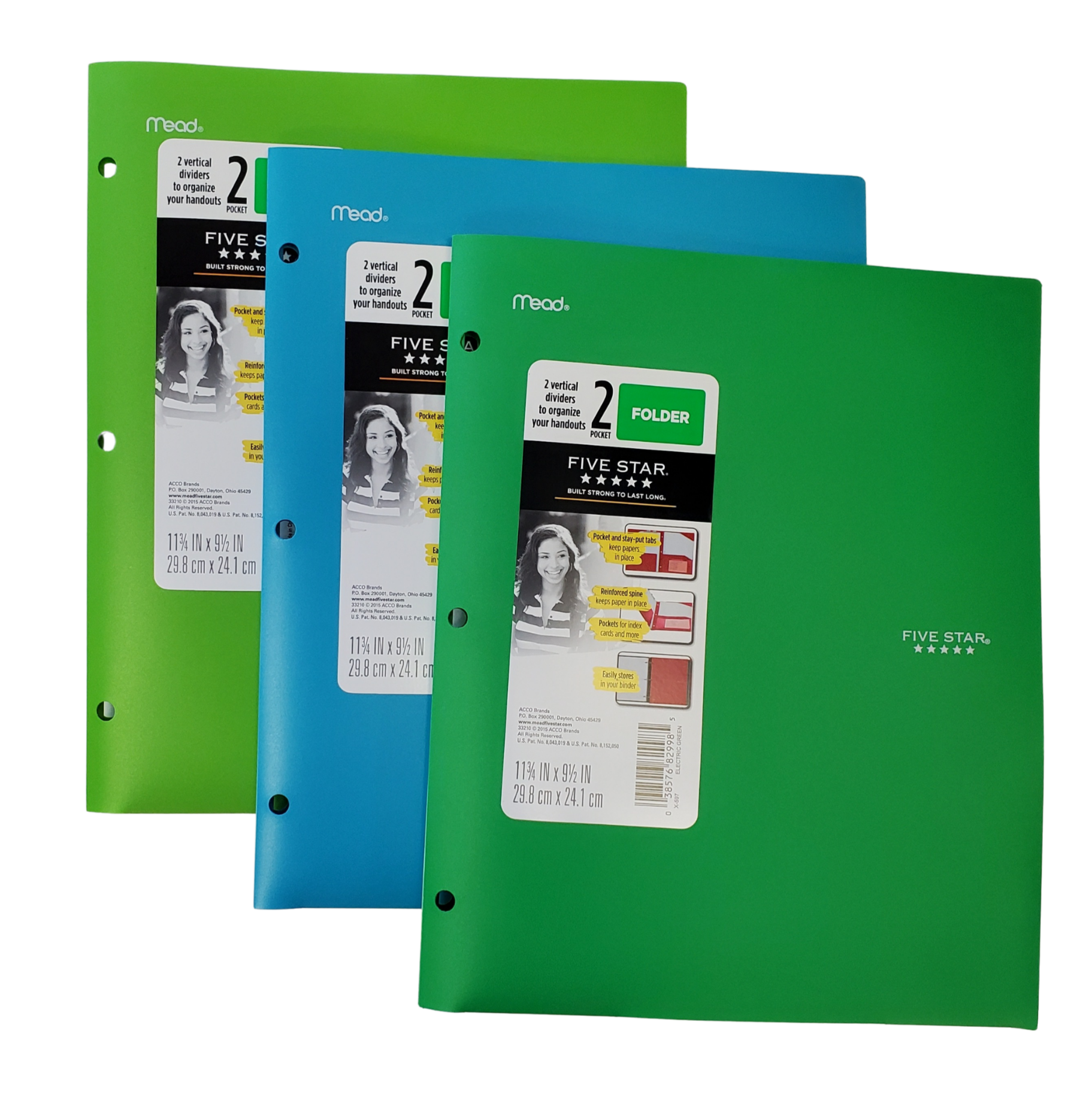 Five Star 2 Pocket 3-Hole Plastic Folder with Vertical Dividers, Avail in Green, Blue or LimeElectric Green (82998)