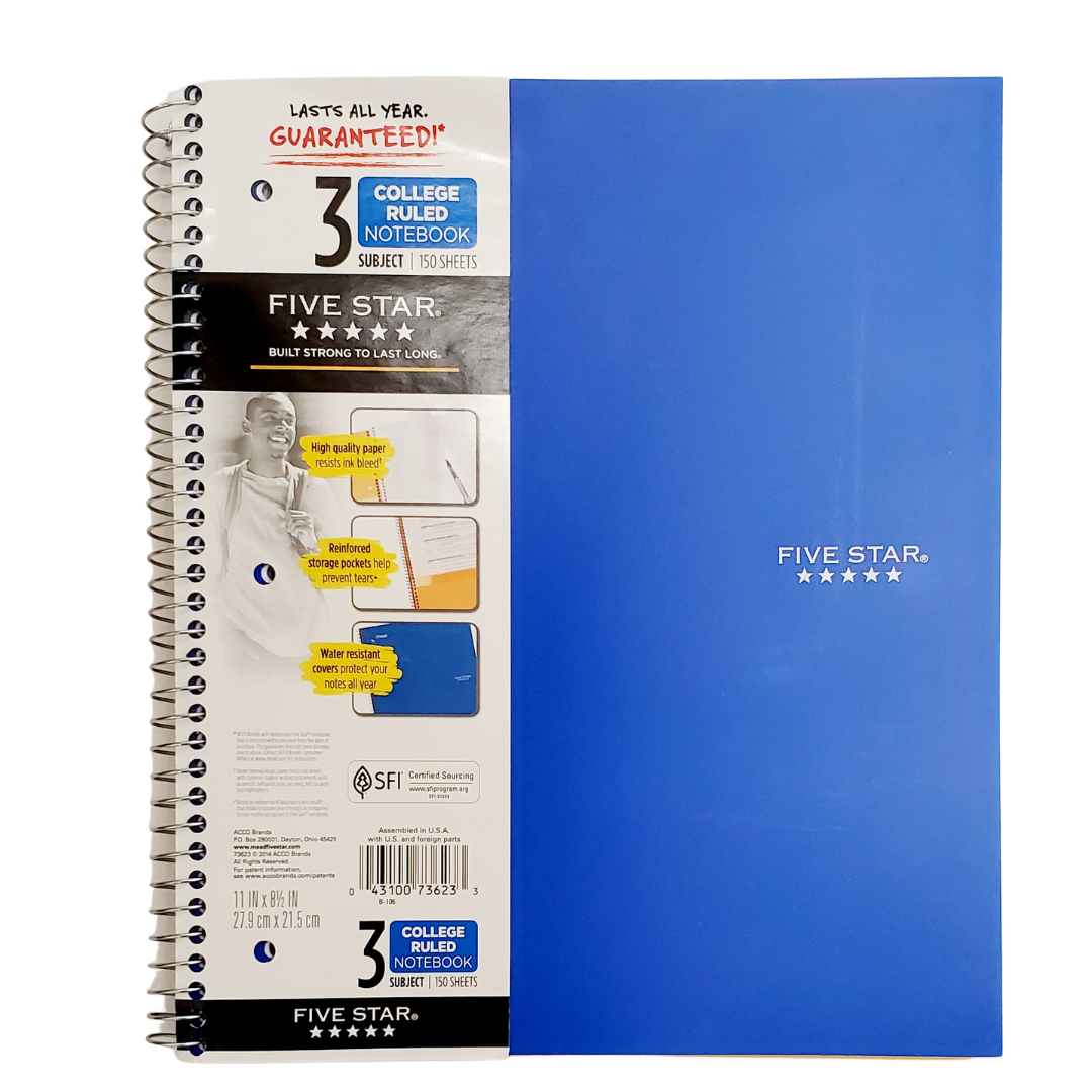 Five Star Spiral Notebook, 3 Subject, College Ruled, 150 Sheets, 8-1/2" x 11", Pacific Blue (73623)