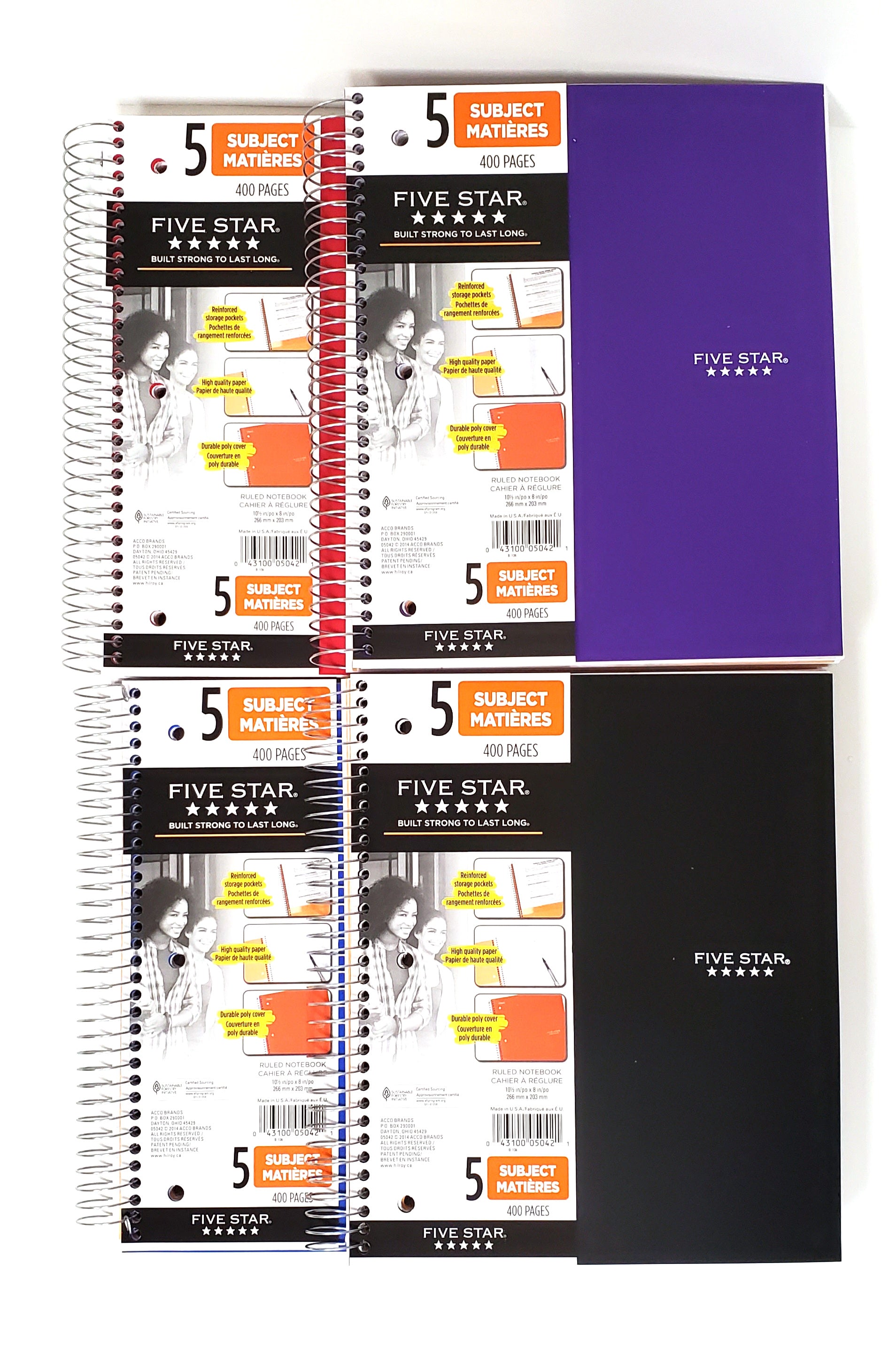 Set of 4 Five Star Wirebound Notebooks - 5 Subject 200 Count College Ruled (05042)