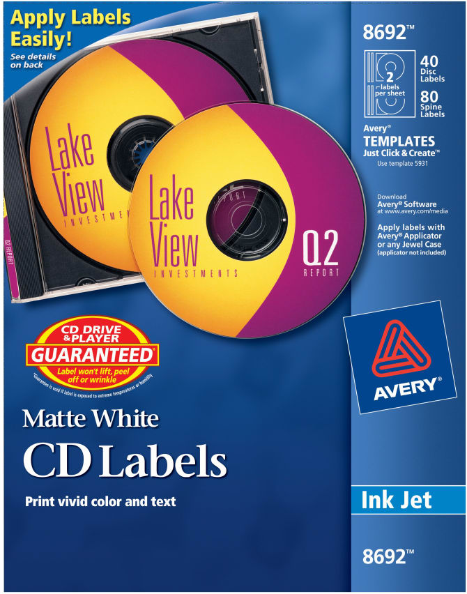 Avery CD Labels, Print to the Edge, Permanent Adhesive, Matte, 40 Face Labels and 80 Spine Labels (8692)