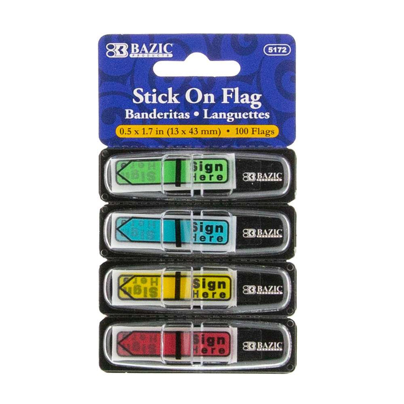 BAZIC 25 CT. 0.5" * 1.7" NEON COLOR PRINTED SIGN HERE FLAGS w/ DISPENSER (4/PACK)