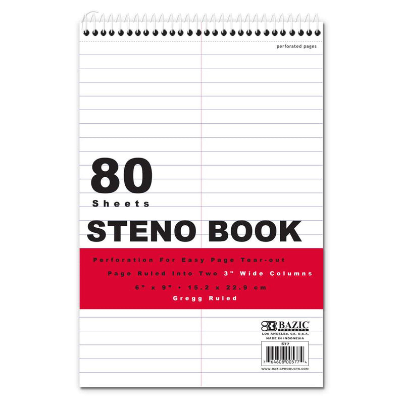 BAZIC 80 CT. 6" X 9" WHITE PAPER GREGG RULED STENO BOOK