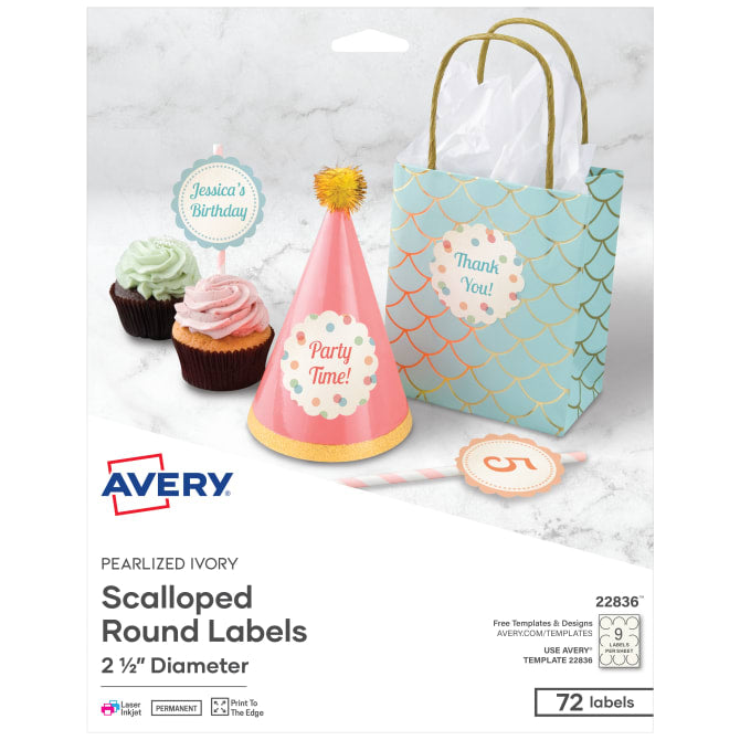 Avery 2-1/2" Diameter Scallop Round Labels, Pearlized Ivory, 72 Labels, Permanent Adhesive (22836)