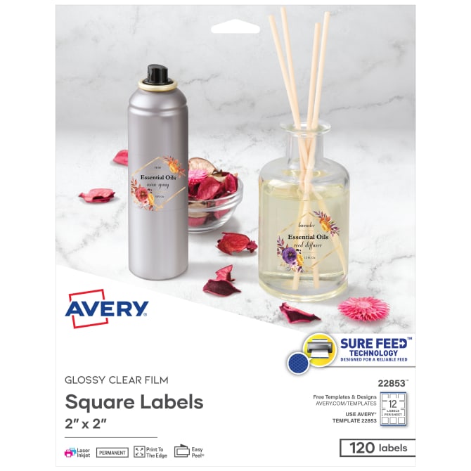 Avery 2" x 2" Square Labels with Sure Feed, 120 Labels, Permanent Adhesive, Glossy Clear (22853)