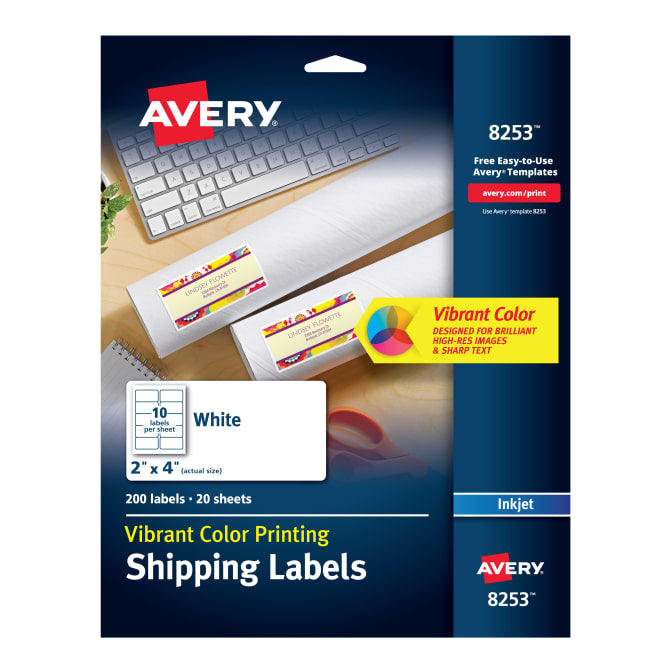 Avery Color Printing Labels, Sure Feed Technology, Permanent Adhesive, Matte, 2" x 4", 200 Labels (8253)
