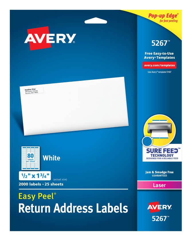 Avery Easy Peel Return Address Labels, Sure Feed Technology, Permanent Adhesive, 1/2" x 1-3/4", 2,000 Labels (5267)