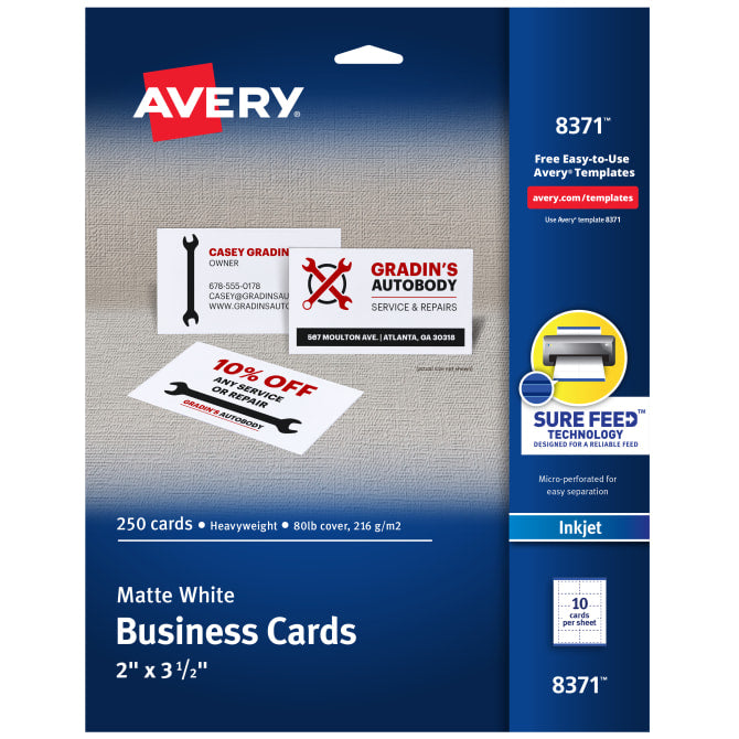 Avery Printable Business Cards with Sure Feed, 2" x 3.5", White, 250 Blank Cards for Inkjet Printers (8371)