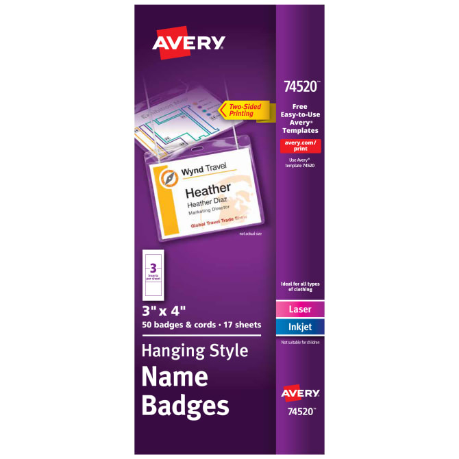 Avery Top-Loading Hanging Name Badges, 3" x 4", 50 Badges (74520)