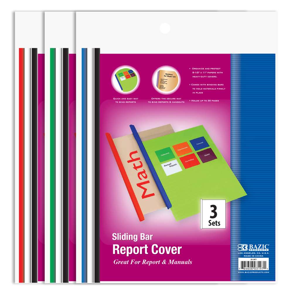 BAZIC Report Covers Clear Front w/ Sliding Bar (3/Pack)