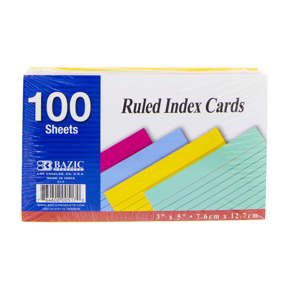 BAZIC Ruled Colored Index Card 3" X 5" 100 Ct.