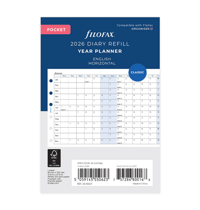 Filofax 2026 Pocket Horizontal Year Planner - English