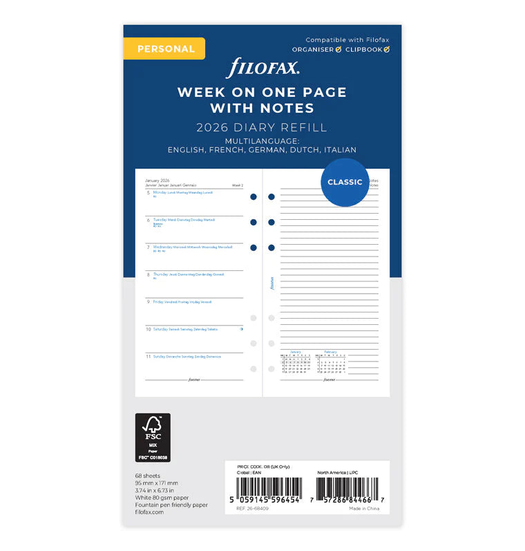Filofax 2026 Week on a Page with Notes Planner - Multilanguage