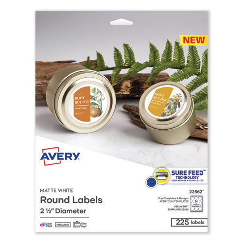 Laser/inkjet Media Labels, Inkjet/laser Printers, 2.5" Dia, Matte White, 9 Labels/sheet, 25 Sheets/pack