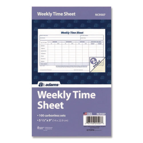 Weekly Time Sheets, Two-part Carbonless, 8.5 X 5.5, 100 Forms Total