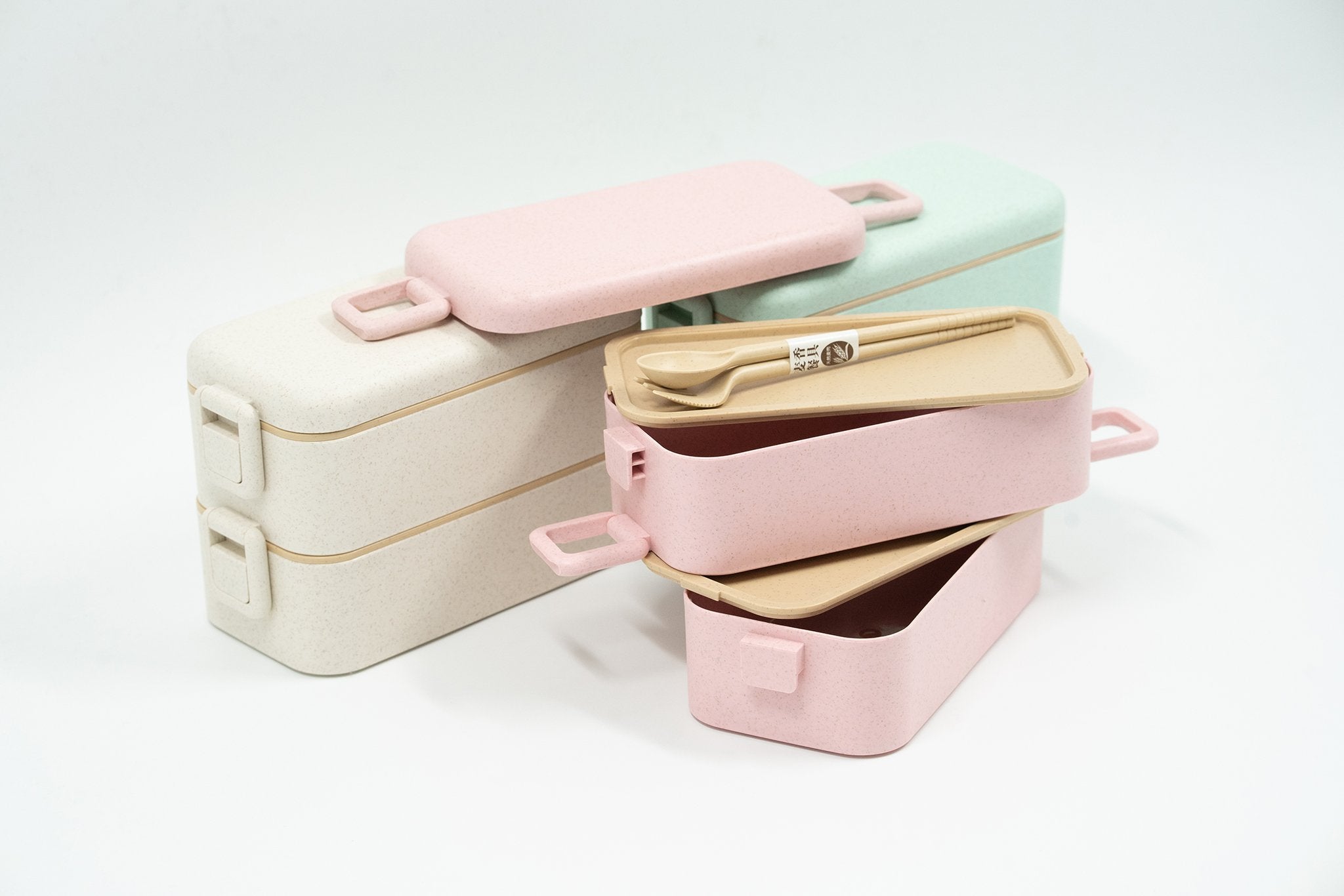 Two Tier Eco Wheat Straw Lunch Box with CutleryAssorted