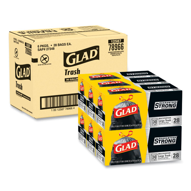 Drawstring Large Trash Bags, Three-Ply, 30 gal, 1.05 mil, 30  x 33 , Black, 15 Bags/Box, 6 Boxes/Carton