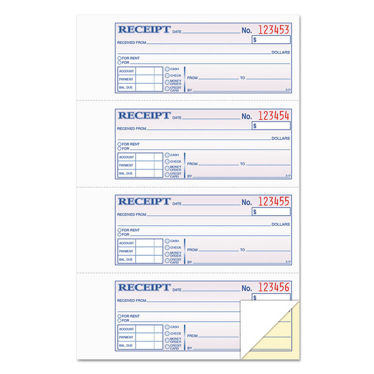 Money and Rent Receipt Books, Account   Payment Sections, Two-Part Carbonless, 7.13 x 2.75, 4 Forms/Sheet, 400 Forms Total