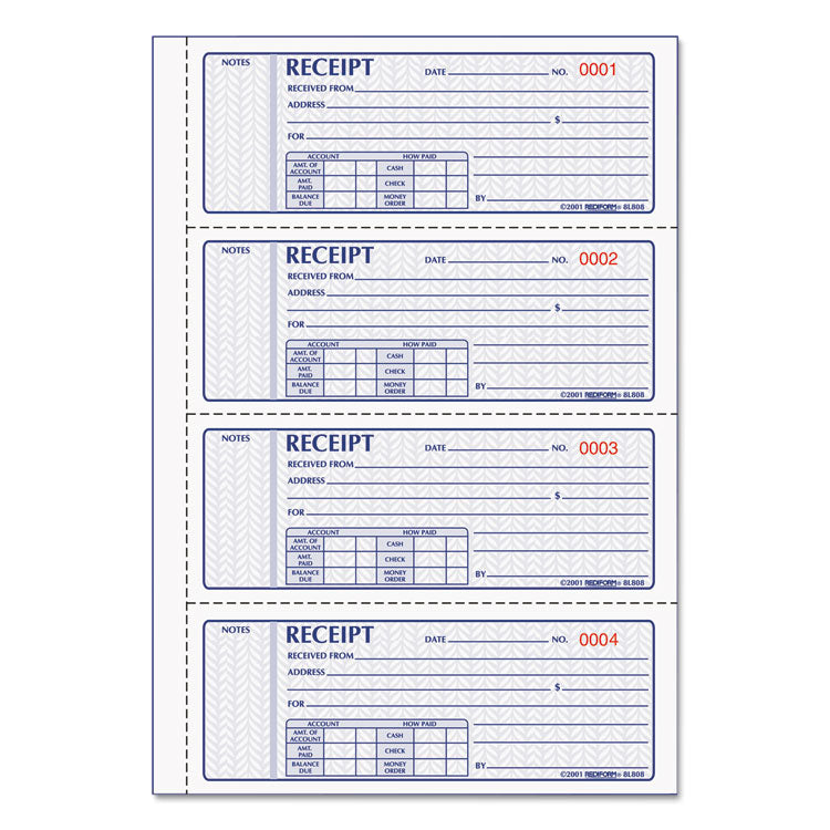 Money Receipt Book, FormGuard Cover, Three-Part Carbonless, 7 x 2.75, 4 Forms/Sheet, 100 Forms Total
