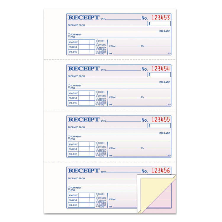 Money and Rent Receipt Book, Account   Payment Sections, Three-Part Carbonless, 7.13 x 2.75, 4 Forms/Sheet, 100 Forms Total