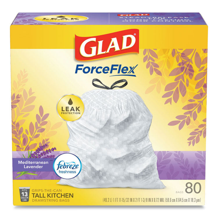 OdorShield Tall Kitchen Drawstring Bags, 13 gal, Lavender Breeze Scent, 24  x 27.38 , White, 80/Box