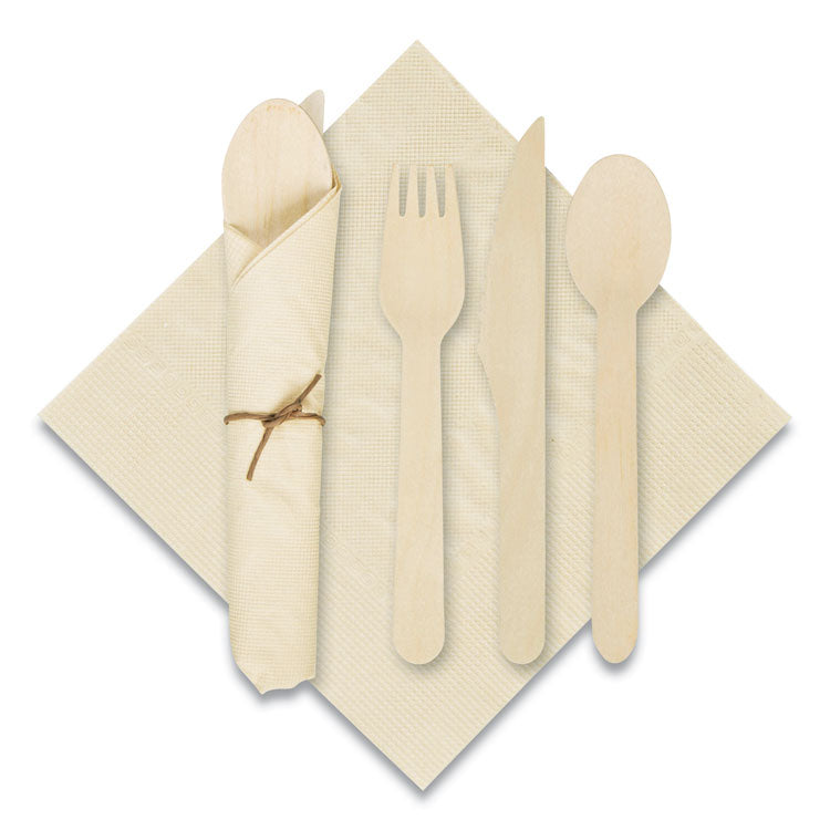 Pre-Rolled Caterwrap Kraft Napkins with Wood Cutlery, 6 x 12 Napkin Fork Knife Spoon, 7  to 9 , Kraft, 100/Carton