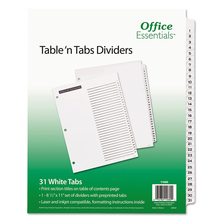 Table  n Tabs Dividers, 31-Tab, 1 to 31, 11 x 8.5, White, White Tabs, 1 Set