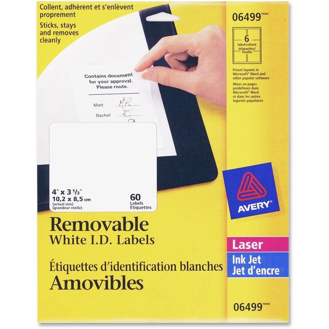 6499 I.D. LABELS 4" X 3 1/3" REMOVABLE 10 SHEETS/ENV. 60
