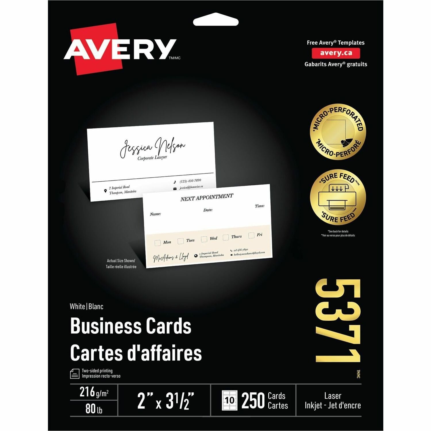 Avery Laser Business Card - A8 - 2" x 3 1/2" - 250 / Pack - White
