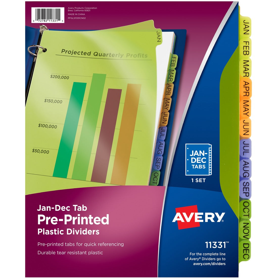 Avery® Preprinted Plastic Dividers, 12-Tab Set, Jan.-Dec., Multicolor (11331)