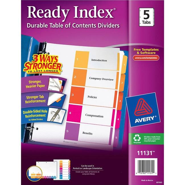 Avery® Ready Index 5 Tab Dividers, Customizable TOC, 1 Set (11131) (AVE11131)