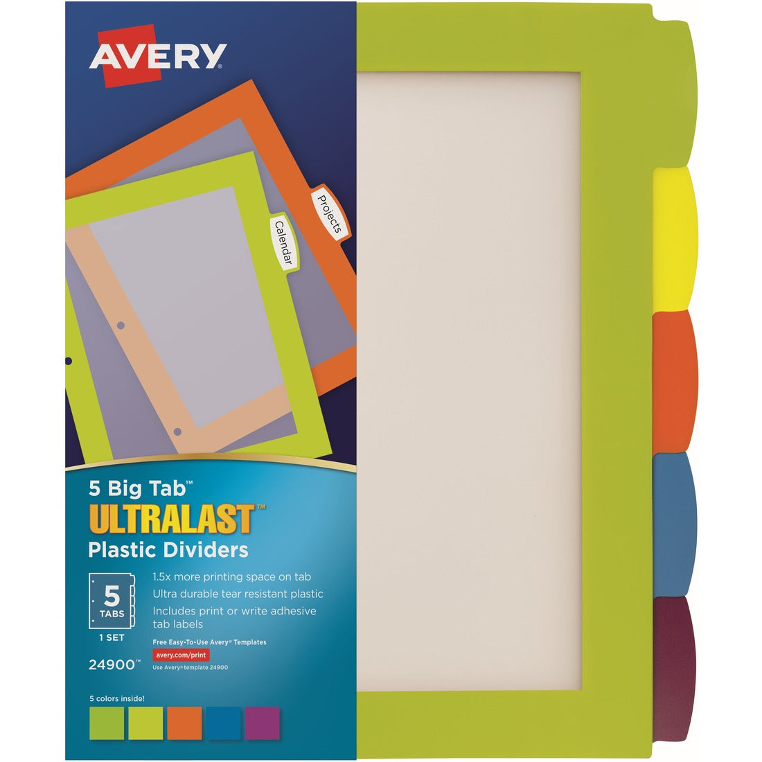 Avery® Ultralast(R) Big Tab(TM) Plastic Dividers, 5 Tabs, 1 Set, Multicolor (24900)