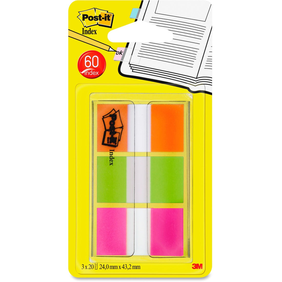 Post-it® Flags, Orange, Lime, Pink .94 in wide, 60/On-the-Go Dispenser, 1 Dispenser/Pack