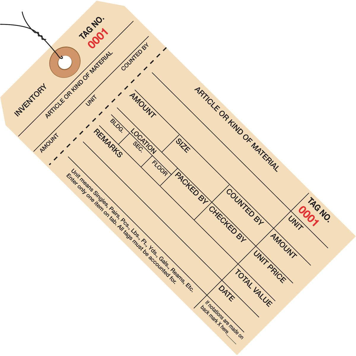 6 1/4 x 3 1/8 - (3000-3999) Inventory Tags 1 Part Stub Style #8 - Pre-Wired 1000/Case