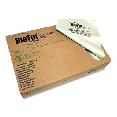 Biotuf Compostable Can Liners, 33 gal, 0.9 mil, 33" x 39", Light Green, 25 Bags/Roll, 8 Rolls/Carton