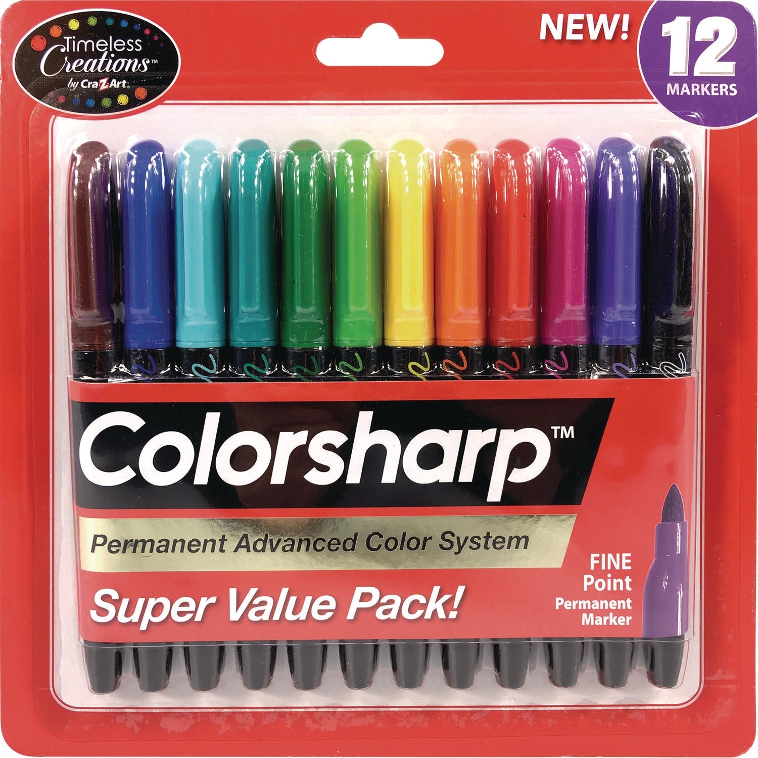 Colorsharp Permanent Markers, Fine Bullet Tip, Assorted Colors, 12/Set