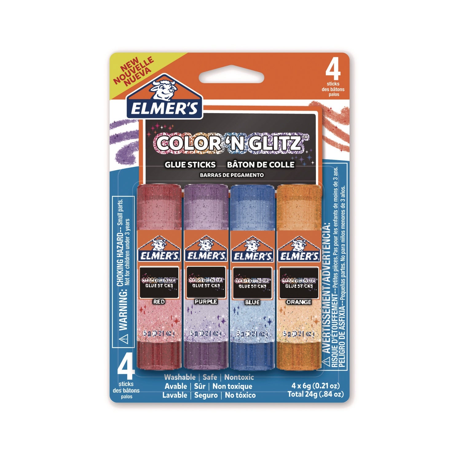 Glitter Glue Sticks, 0.21 oz, Applies Assorted Colors, Dries Clear Glitter, 4/Pack