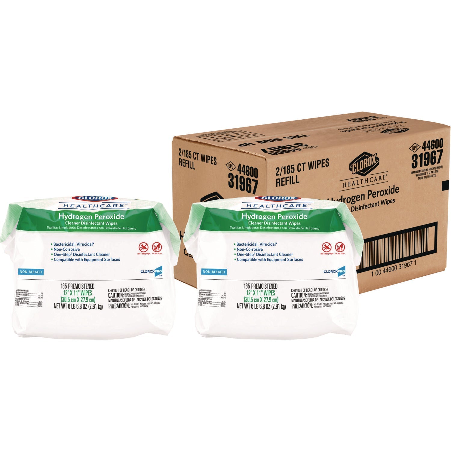 Hydrogen Peroxide Cleaner Disinfectant Wipes, 12 x 11, Unscented, White, 185/Pack, 2 Packs/Carton