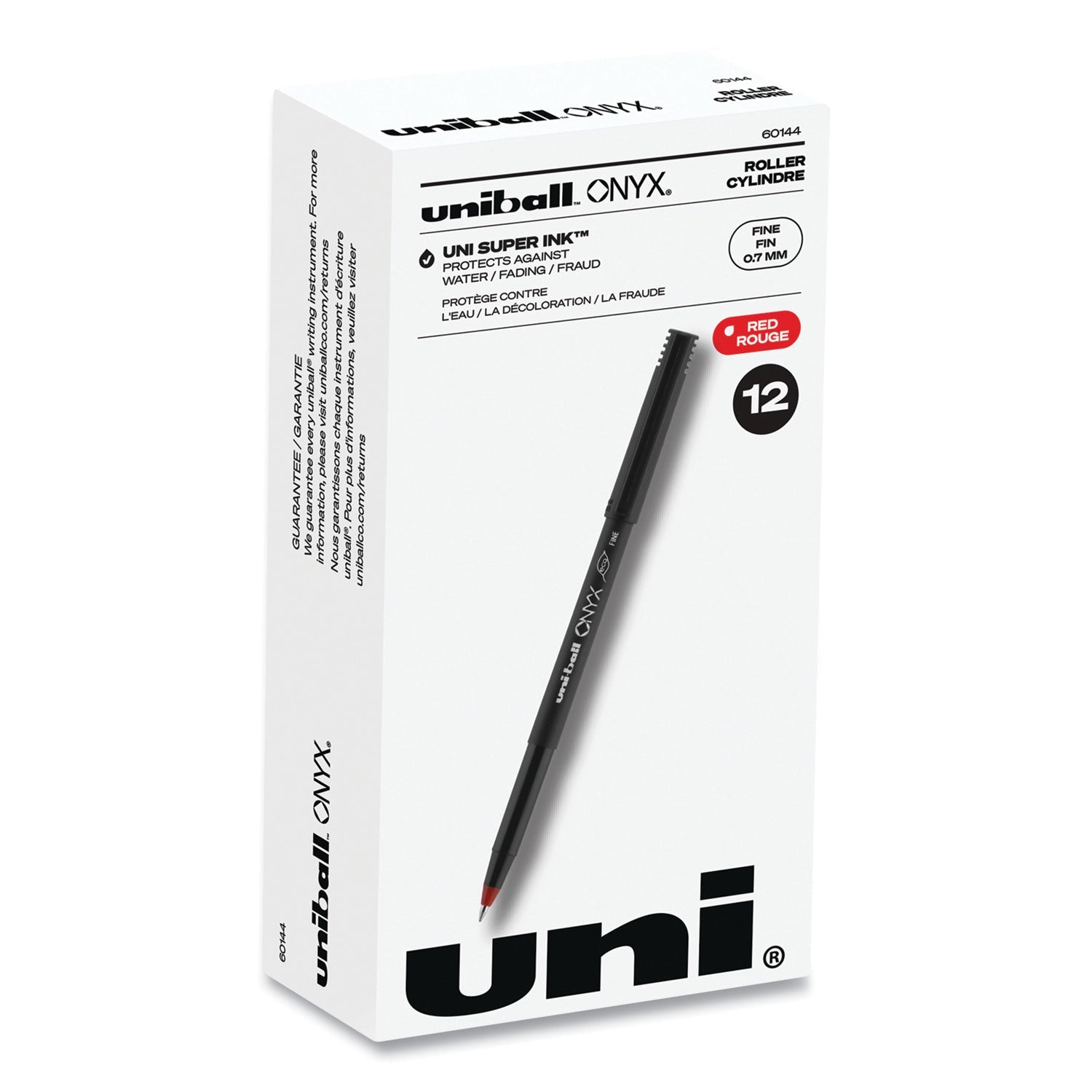 ONYX Roller Ball Pen, Stick, Fine 0.7 mm, Red Ink, Black/Red Barrel, Dozen